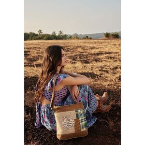 Myra Bag Handmade Blue Shoulder Bag Upcycled Canvas & Cowhide Leather